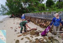 Babinsa Bersama Perangkat Desa Pulau Medang, Gotong-Royong Bersihkan Pesisir Pantai